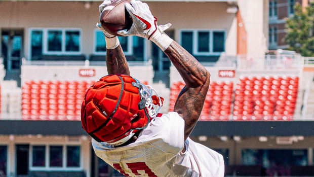 Receiver Tyrone Broden makes a catch during practice